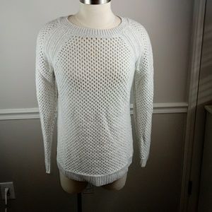 Light gray open knit crew neck sweater